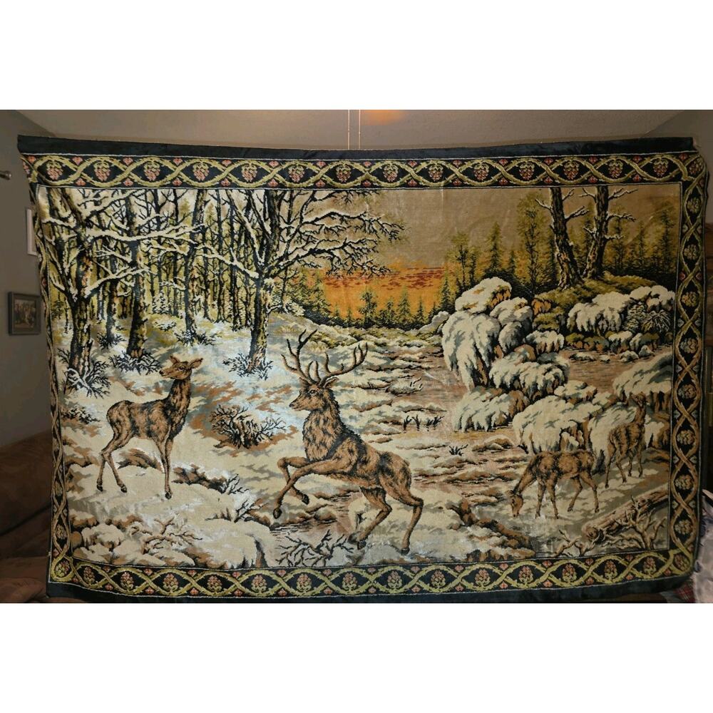 Vintage 70s Velvet Tapestry Wall Hanging Deer Hunting Lodge Woods Man Cave READ